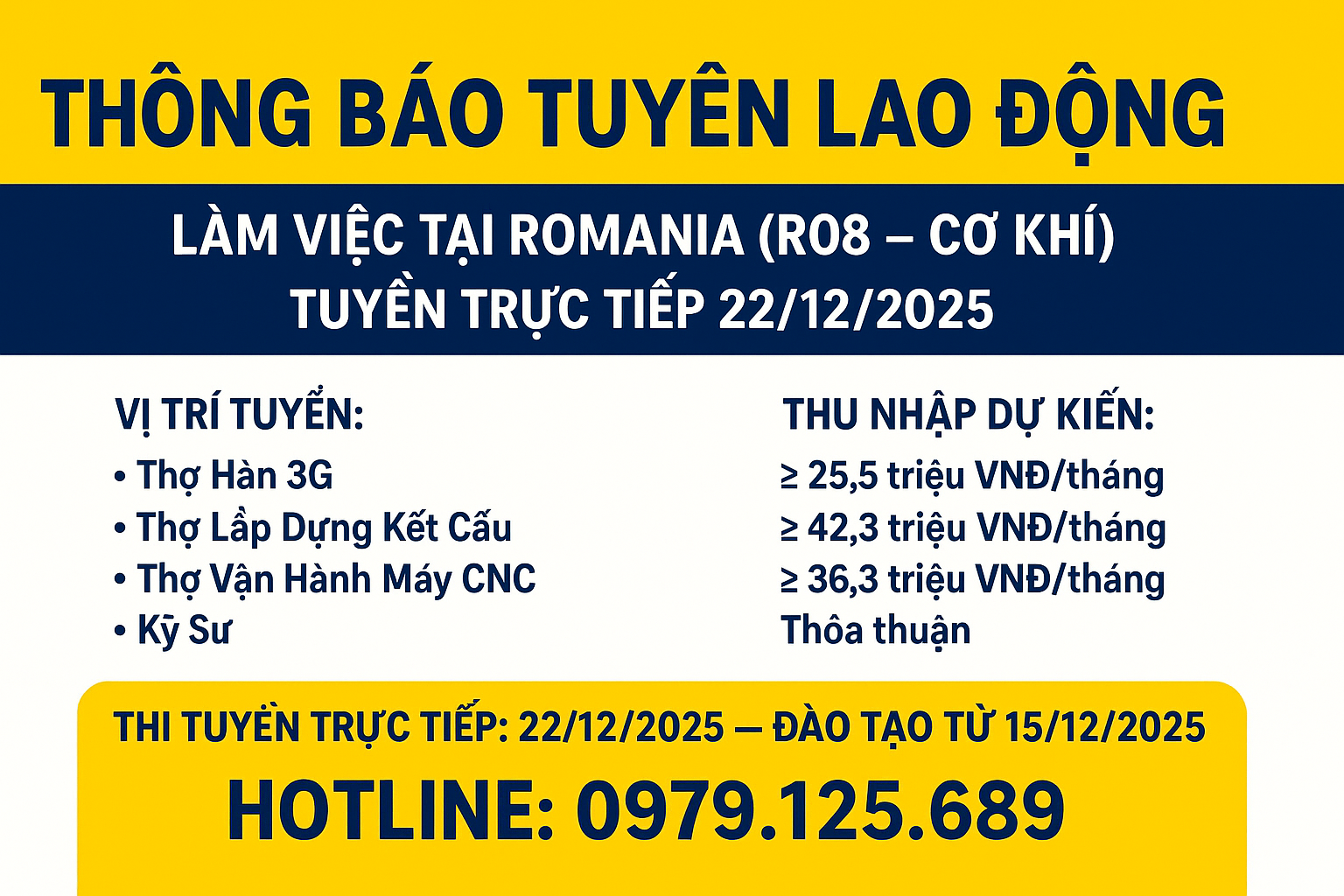 🔔 THÔNG BÁO TUYỂN LAO ĐỘNG LÀM VIỆC TẠI ROMANIA – NGÀNH CƠ KHÍ